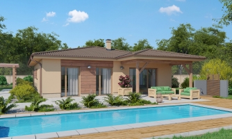 Klassischer Bungalow mit leicht geneigtem Dach.